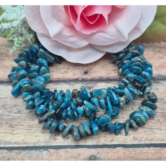 Muti Strand Natural Apatite Blue Chip Stone Bracelet Boho Hippie Nature Lover - Picture 1 of 9